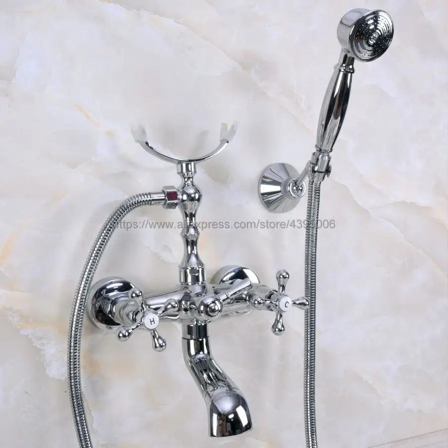 

Luxury Chrome Dual Cross Handles Wall Mounted Bathtub Shower Faucet Telephone Style Tub Mixer Taps With Handshower Bna226