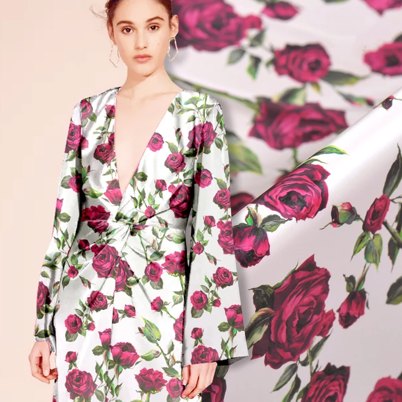 108CM Wide 19MM Rose Print White 94% Silk 6% Spandex Strech Silk Satin Fabric for Women's Blouse Dress Clothing Cheongsam J026
108CM Wide 19MM Rose Print White 94% Silk 6% Spandex Strech Silk Satin Fabric for Women's Blouse Dress Clothing Cheongsam J026