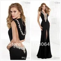 Tarik Ediz Black Crystal Deep V Neck Backless Sexy Mermaid Formal Evening Celebrity Dresses Side Slit Chiffon A1388