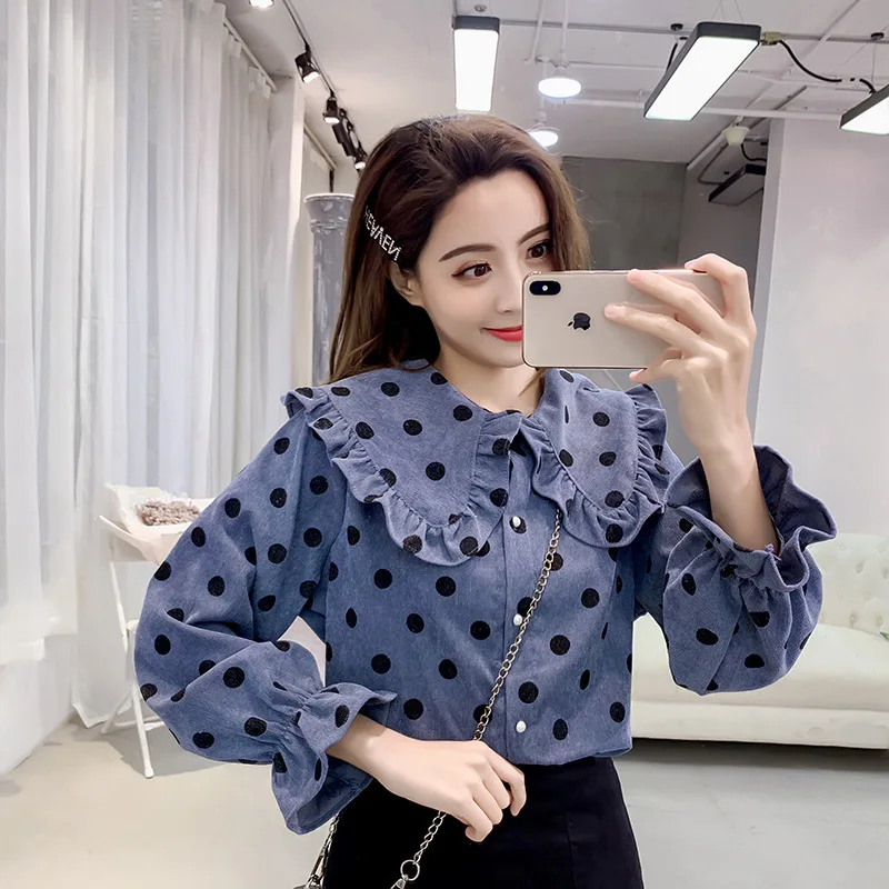Women Dot Print Shirt Peter Pan Collar Ruffle Edge Flare Sleeve Casual Top Spring Autumn New Arrival Big Size Hot Sale
Women Dot Print Shirt Peter Pan Collar Ruffle Edge Flare Sleeve Casual Top Spring Autumn New Arrival Big Size Hot Sale