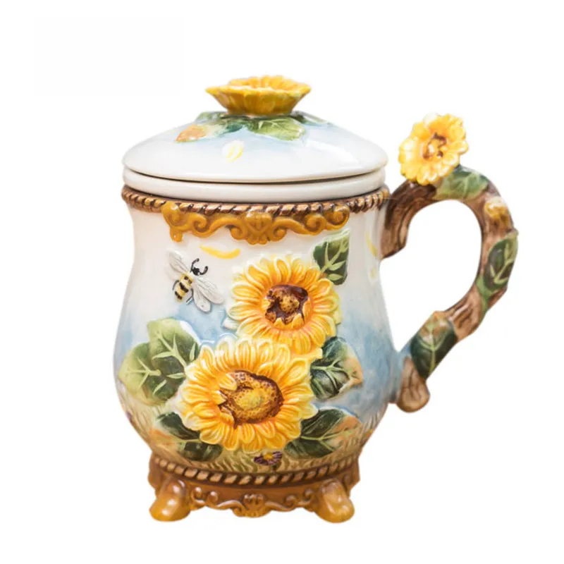 Tea coffee cups ceramic sunflower milk cup with cover home decor large capacity embossed porcelain crafts figurine decoration
Tea coffee cups ceramic sunflower milk cup with cover home decor large capacity embossed porcelain crafts figurine decoration