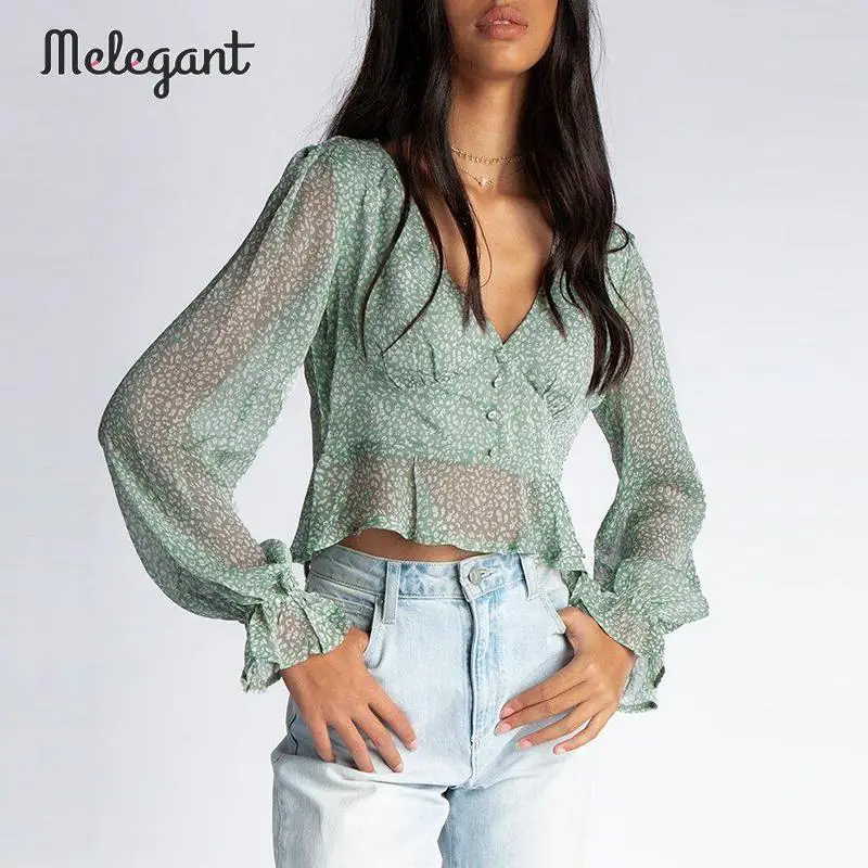 Melegant Lantern Sleeve Button Women Tops Blouses Shirts Casual Sexy Transparent Blouse Ruffle Casual Blusa Mujer
Melegant Lantern Sleeve Button Women Tops Blouses Shirts Casual Sexy Transparent Blouse Ruffle Casual Blusa Mujer