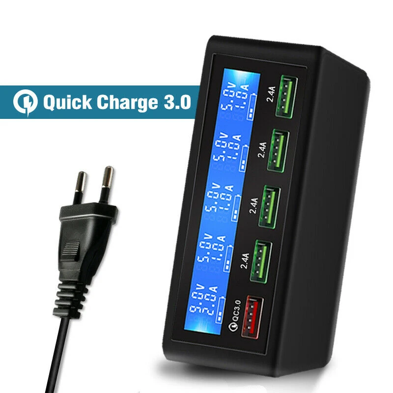 

Black/White 5 port wihte with Type-c Port QC3.0 Phone Charger Dexktop Charger LCD Display For Phone Laptop 100-240V US/EU/UK/AU