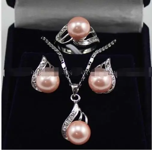 Selling jewerly Pink South sea Shell Pearl Earrings Ring & Necklace Pendant Set