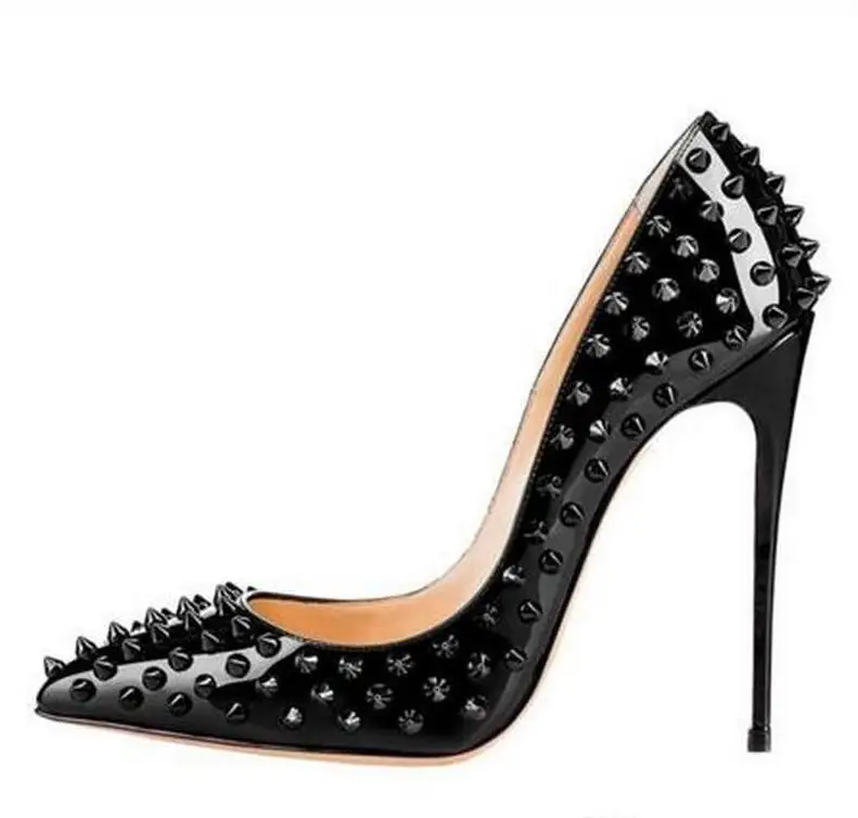 Dressing High Heels Woman Pumps Luxury Solid Red Nude Rivets Pointy Stilettos Heels Spikes Sexy Formal Evening Shoes Women