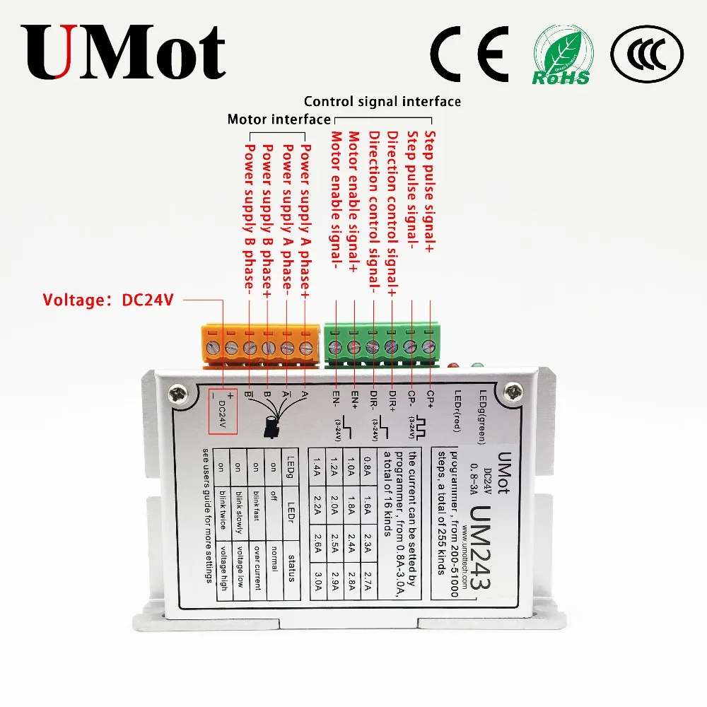 UM243 two-phase stepper drive pulse frequency 1K-80K current 0.8-3A 200-51000 step DC5V/24V for NEMA8-NEMA23 support batch debug
UM243 two-phase stepper drive pulse frequency 1K-80K current 0.8-3A 200-51000 step DC5V/24V for NEMA8-NEMA23 support batch debug
