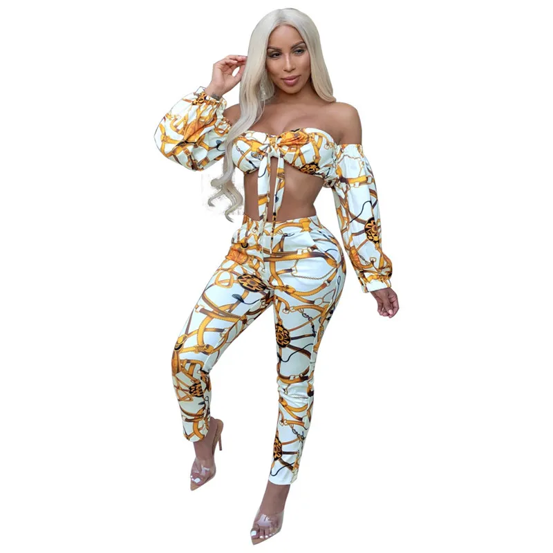 Women Chain Print Sexy Two Piece Set Long Sleeve Bow Strapless Crop Top and Pencil Pant Club Party 2 Piece Outfits Tracksuit
Women Chain Print Sexy Two Piece Set Long Sleeve Bow Strapless Crop Top and Pencil Pant Club Party 2 Piece Outfits Tracksuit