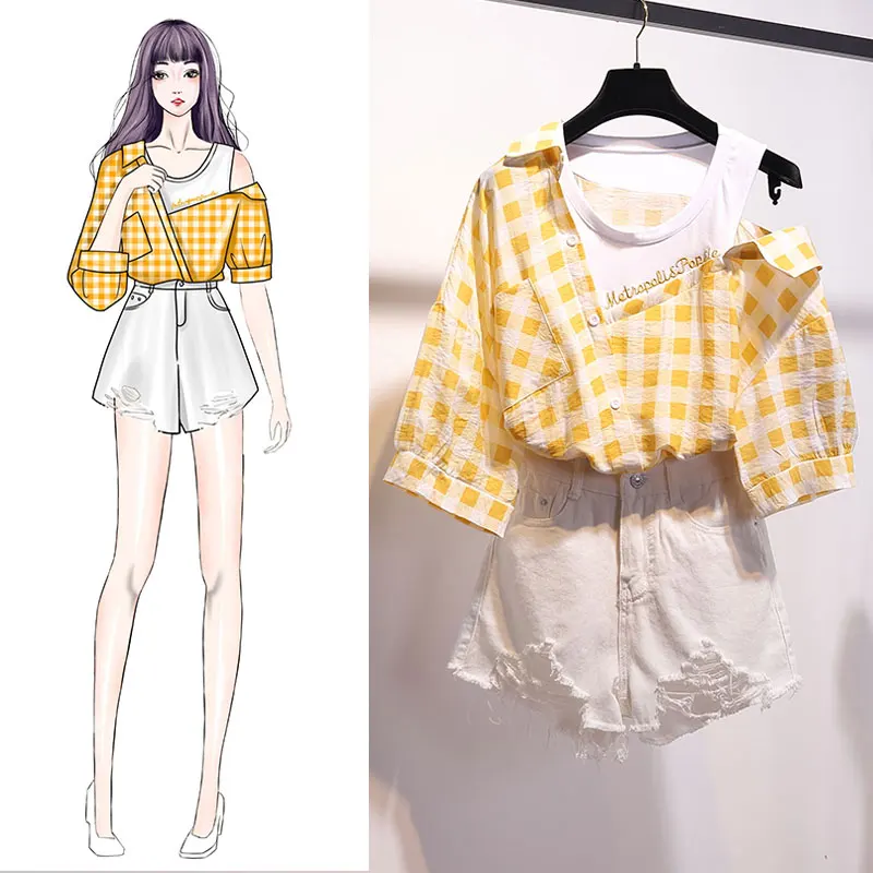 Summer New Chic Women 2 Piece Set Irregular Plaid Shirts Top And White Denim Short Pants Suit Women's Streetwear Sets
Summer New Chic Women 2 Piece Set Irregular Plaid Shirts Top And White Denim Short Pants Suit Women's Streetwear Sets