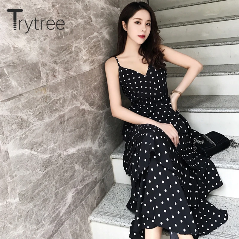 Trytree Summer Autumn Polka Dot Dress Women Casual Elastic Waist Sling Dress Cascading Ruffles Hem A-line Beach Style dress
Trytree Summer Autumn Polka Dot Dress Women Casual Elastic Waist Sling Dress Cascading Ruffles Hem A-line Beach Style dress