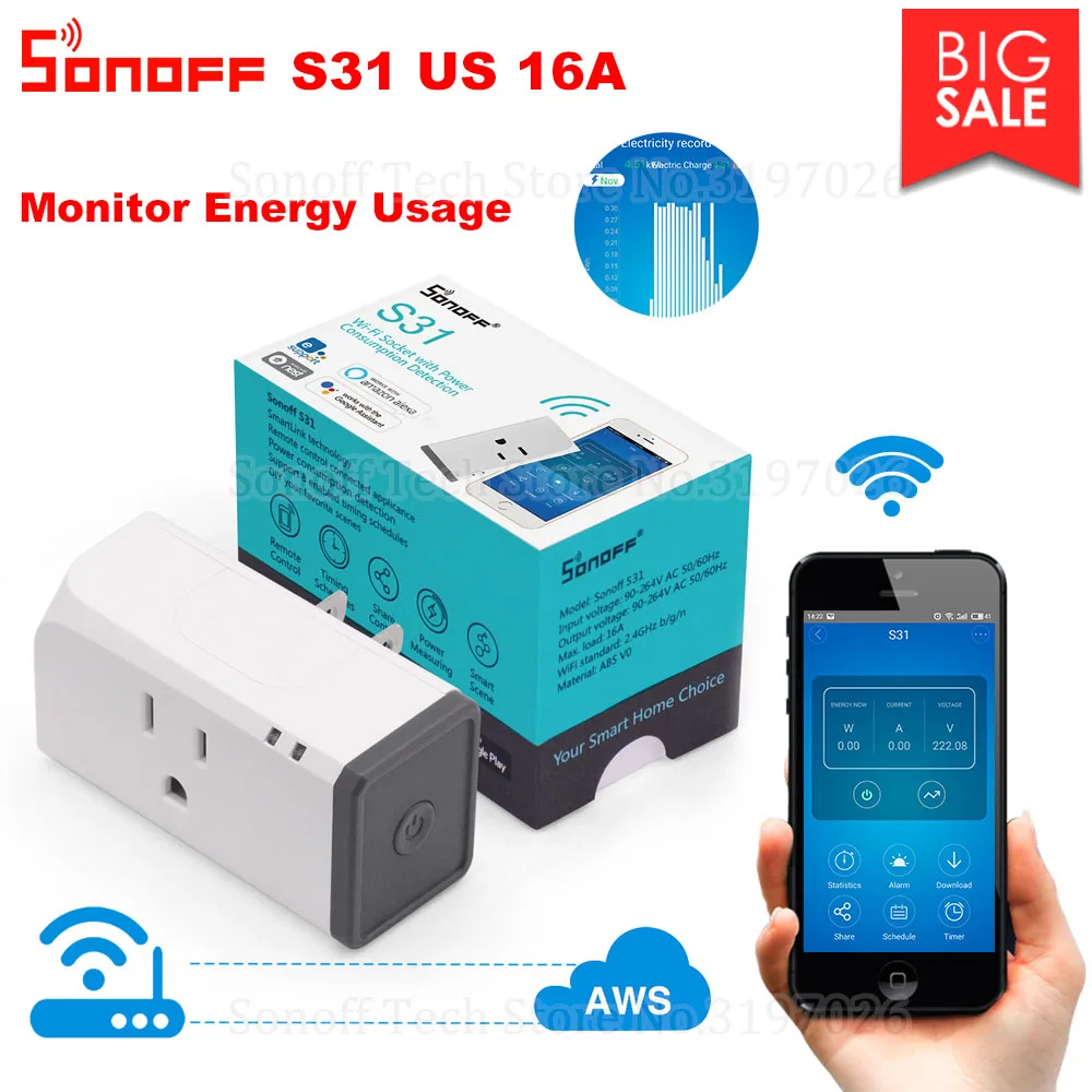 

Itead Sonoff S31 US 16A Smart WiFi Socket Monitor Energy Usage Remote Outlet Wi-fi Switch Works With Alexa Google Home Assistant