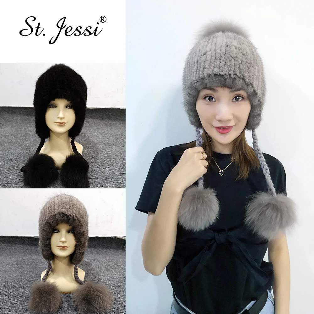 ST.Jessi Winter Women's Fur Hat 100% Real Mink Fur Headgear Russian Ushanka Thick Warm Ears Fashion Gorra 3 Big Fox Fur Pom poms
ST.Jessi Winter Women's Fur Hat 100% Real Mink Fur Headgear Russian Ushanka Thick Warm Ears Fashion Gorra 3 Big Fox Fur Pom poms