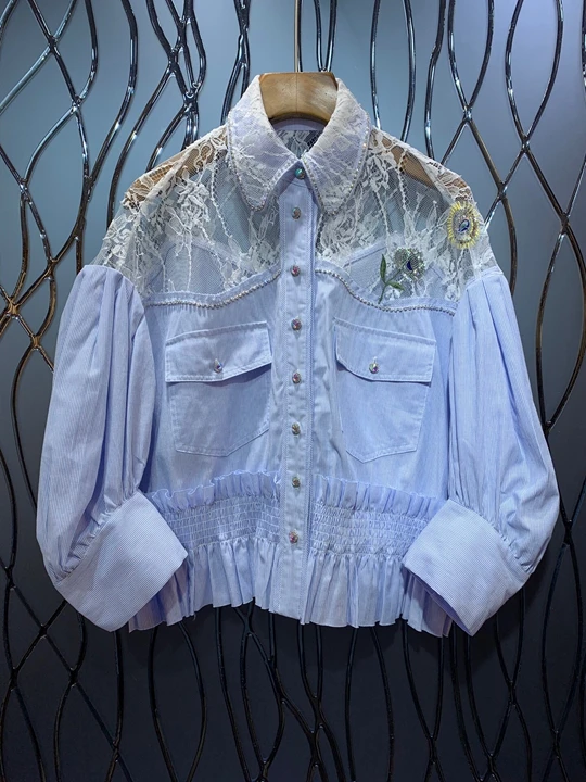 Early Autumn 2019 New Girl's Small Turn-lapel Lace Perspective Stitching Long-sleeved Baituan Blouse 717
Early Autumn 2019 New Girl's Small Turn-lapel Lace Perspective Stitching Long-sleeved Baituan Blouse 717