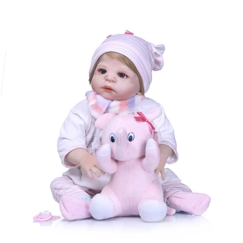 

Real Silicone reborn baby girl dolls 23"57cm NPK bebes reborn menina children gift toy dolls with pink elephant plush