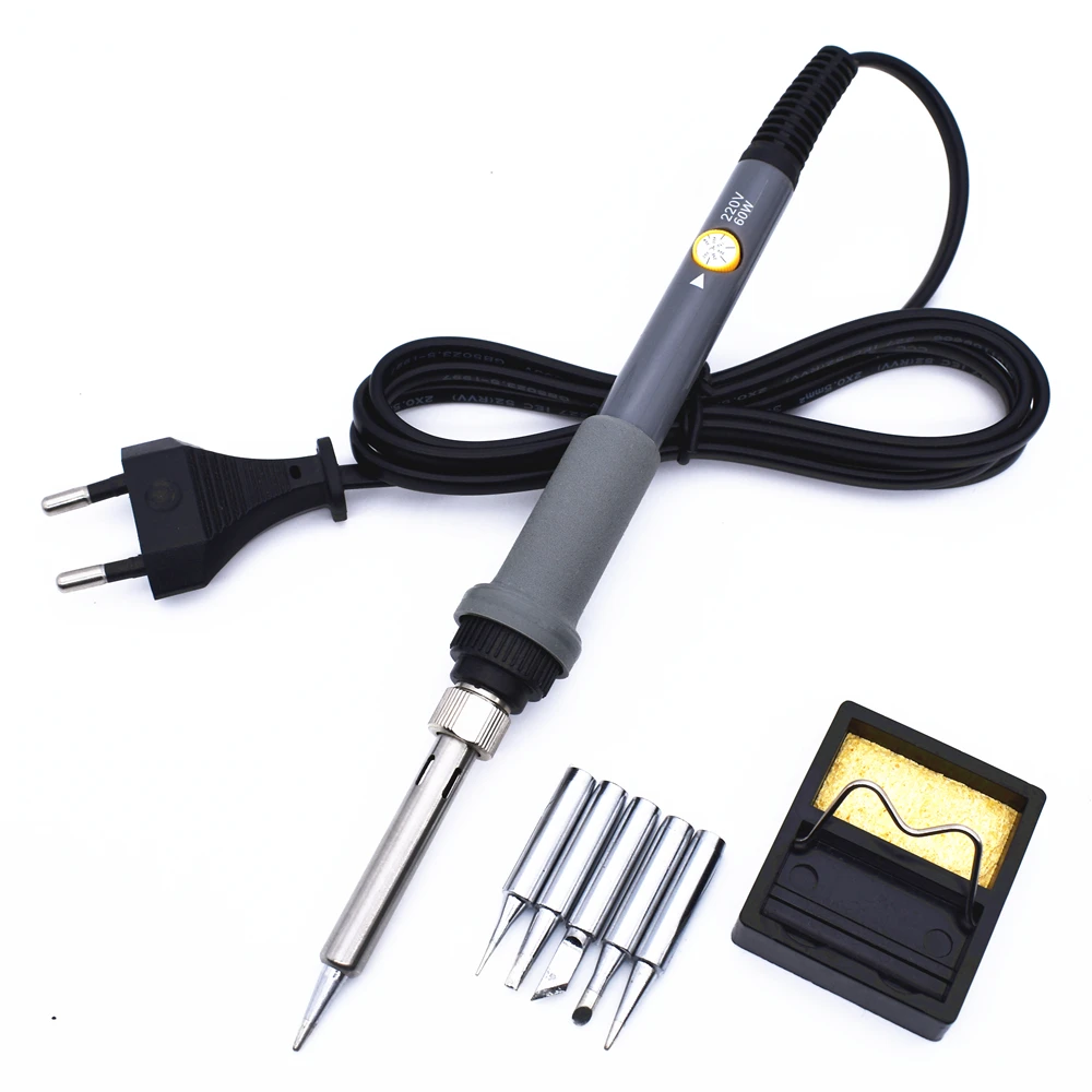 220V 60W Electrical Soldering Iron Kit Rework Welding Repair Gun Tool Adjustable Temperature EU Plug with Stand 5 Solder Tips
220V 60W Electrical Soldering Iron Kit Rework Welding Repair Gun Tool Adjustable Temperature EU Plug with Stand 5 Solder Tips