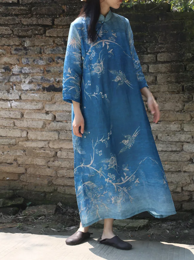 Summer High Quality Bird Print Deep Blue Pure Ramie Linen Dress, Retro Stand Collar Three Quarter Sleeve Elegant Lady Retro Robe
Summer High Quality Bird Print Deep Blue Pure Ramie Linen Dress, Retro Stand Collar Three Quarter Sleeve Elegant Lady Retro Robe