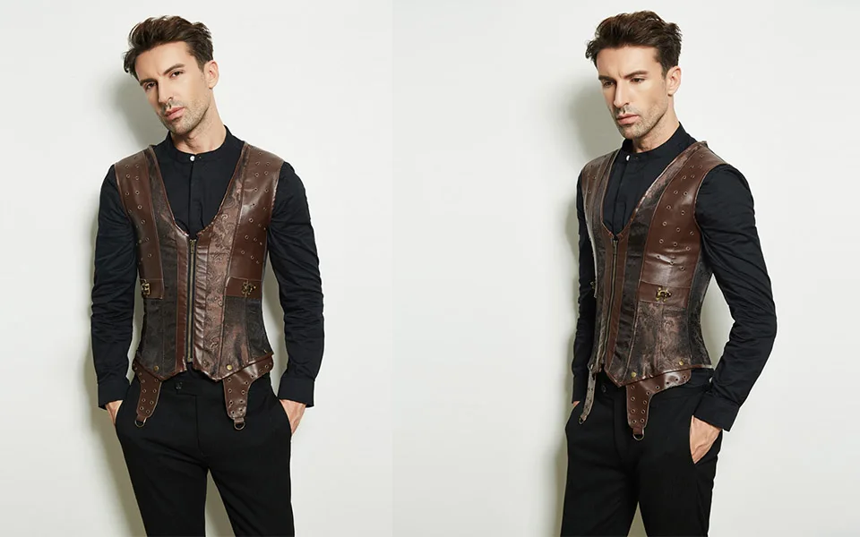 Mens Corset Steampunk Vest Shapers Brown Collar Sleeveless Steel Boned Gothic Corset Jacket Slimming Corsets For Men (8)