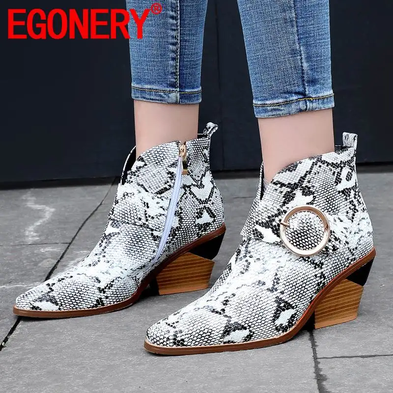 

EGONERY woman shoes Snakeskin pattern ankle boots fashion 9cm high heels booties drop shipping 34-44 plus size buckle shoes