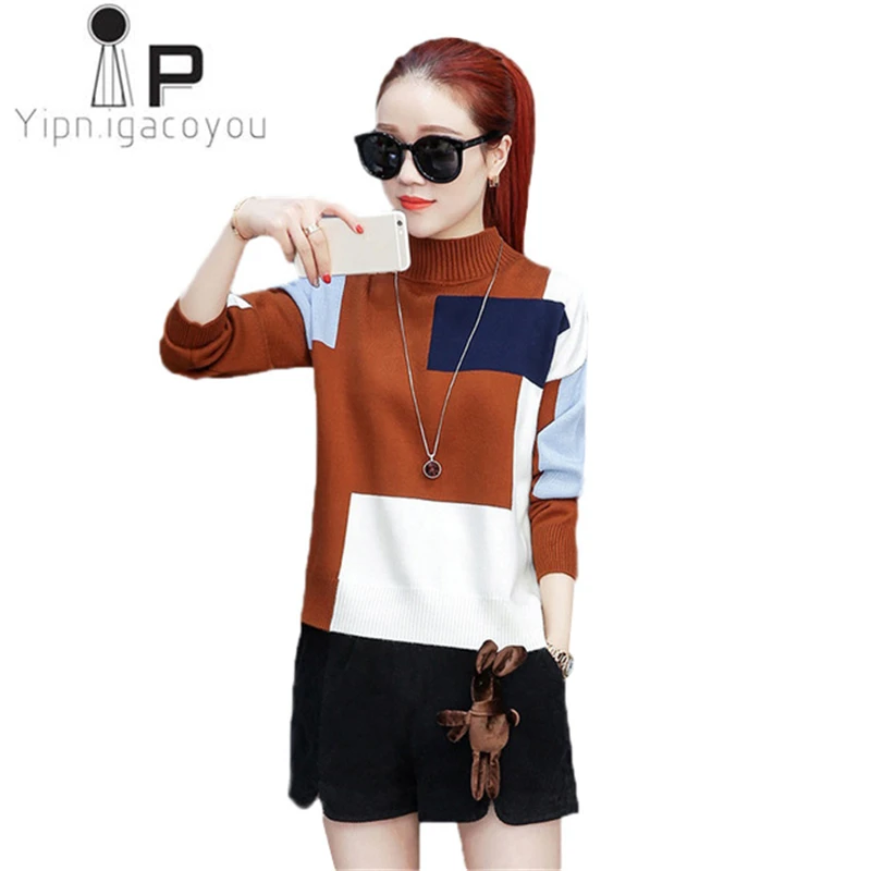Fashion Women Knitted Sweater Short Pullover 2019 Autumn Winter New Color Matching Turtleneck Sweater knitwear Loose Women Tops
Fashion Women Knitted Sweater Short Pullover 2019 Autumn Winter New Color Matching Turtleneck Sweater knitwear Loose Women Tops