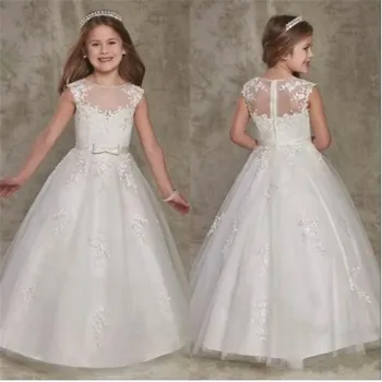 Cute Flower Girl Dresses Sheer Crew Neck Lace Appliques Zipper Back Long A-line Elegant Girl's Pageant Dresses with Bow
Cute Flower Girl Dresses Sheer Crew Neck Lace Appliques Zipper Back Long A-line Elegant Girl's Pageant Dresses with Bow