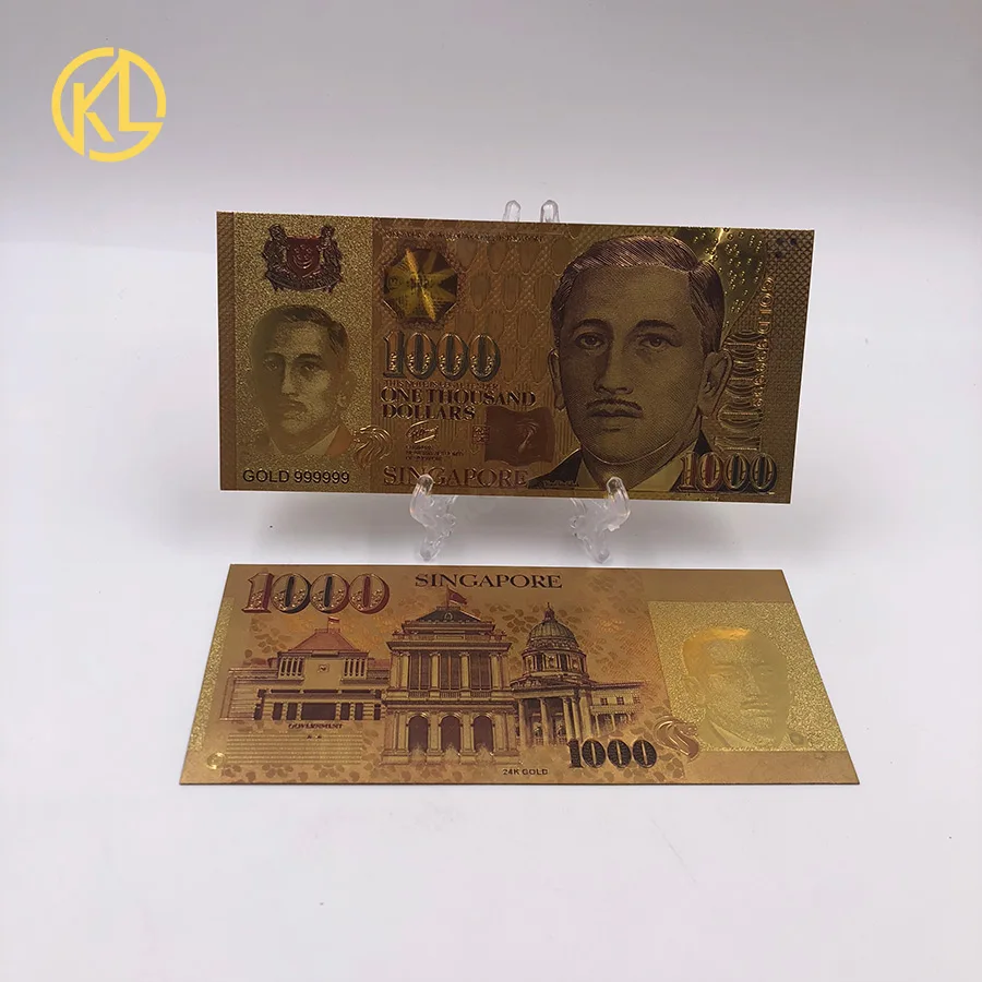 

100 pcs/lot New Arrive Gold 999999 Singapore 1999 Year 24K Gold Banknote Singapore 1000 Dollars Note Money for collection