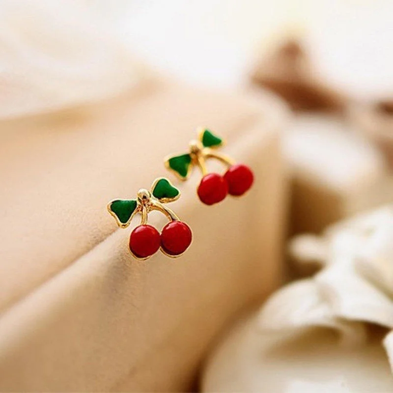 1 Pair New Arrival Lovely Retro Small Earrings Cute Gold Cherry Shaped Bohemia Ear Stud for Women Fashion Jewelry | Украшения и