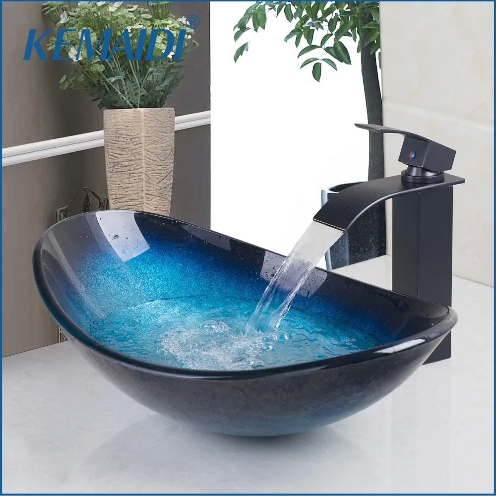 

KEMAIDI Waterfall Spout Basin Black Tap+Bathroom Sink Washbasin Tempered Glass Hand-Painted Bath Brass Set Faucet Mixer Taps