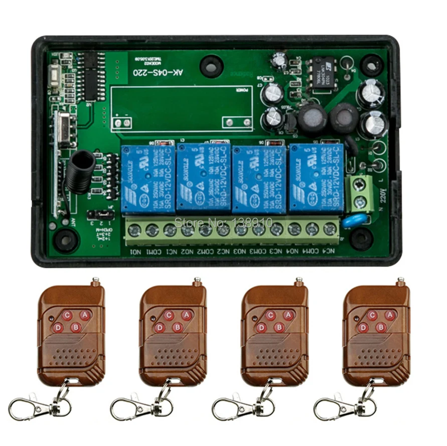 AC85V 250V 110V 220V 240V 4CH RF Wireless Remote Control Relay Switch Security System 1 x Receiver & 4 x Transmitter 315/433MHZ
AC85V 250V 110V 220V 240V 4CH RF Wireless Remote Control Relay Switch Security System 1 x Receiver & 4 x Transmitter 315/433MHZ
