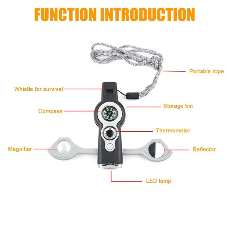 7 in 1 Mini SOS Survival Kit Camping Survival Whistle With Compass Thermometer LED Lamp Magnifier Tools Outdoor Hiking Flashligh
7 in 1 Mini SOS Survival Kit Camping Survival Whistle With Compass Thermometer LED Lamp Magnifier Tools Outdoor Hiking Flashligh