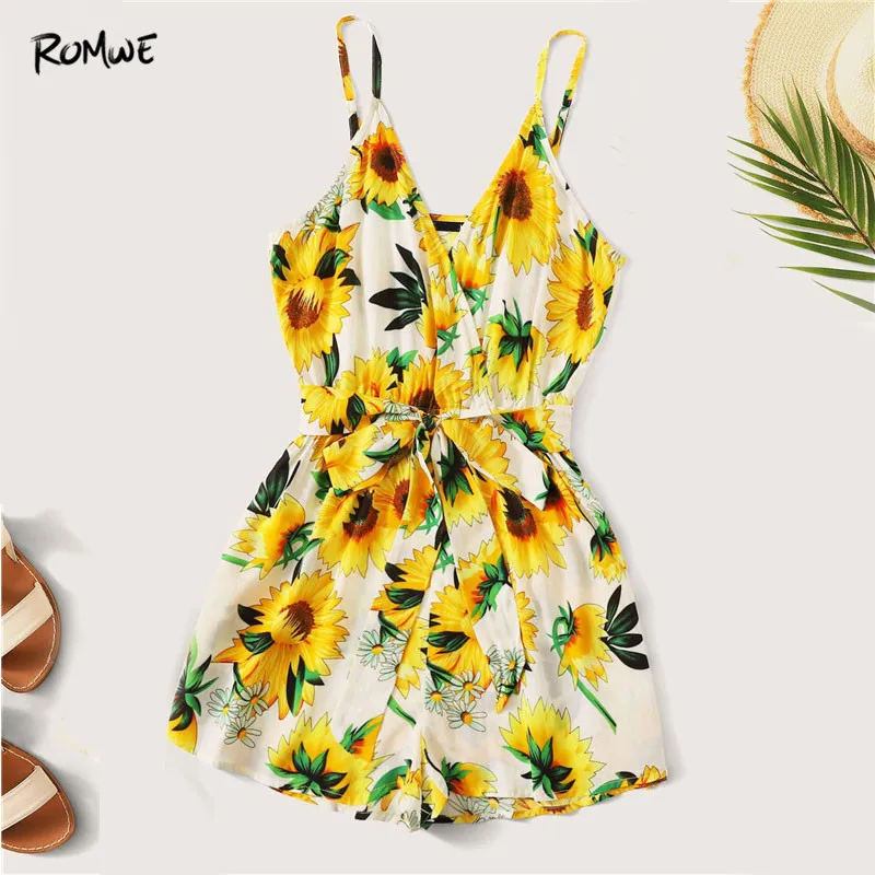 

ROMWE Boho Sunflower Print V Neck Belted Woman Cami Rompers Beach Vacation Spaghetti Strap Mid Tied Waist Wide Leg Playsuits