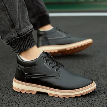 Men's Teens Leather Boots Simple Cotton Winter High Shoes Plus Velvet Warm Velvet Panel Shoes Size: 39-44