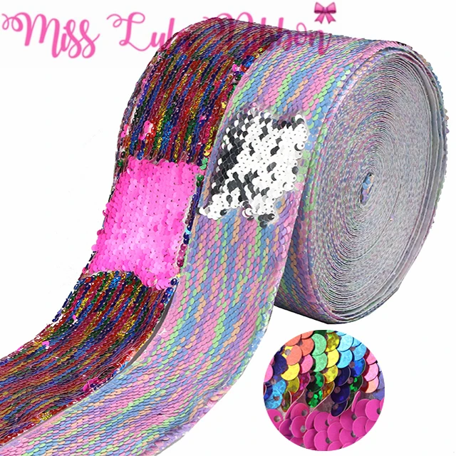 

3"75mm Double Color Hologram Silver Reversible Sequin Ribbon Colorful Pink 25yards/roll DIY Hair Band Gift Bowknots Making