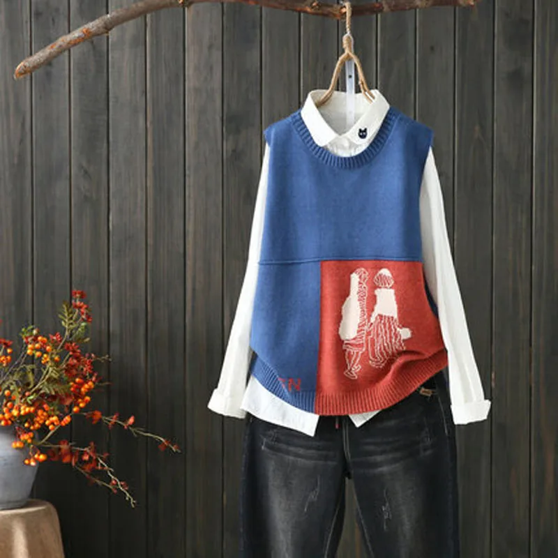 Panelled Character Printed Knitted Vest Sweater Women Spring Autumn Loose O-Neck Pullovers Sleevelss Waistcoats Casual Outerwear
Panelled Character Printed Knitted Vest Sweater Women Spring Autumn Loose O-Neck Pullovers Sleevelss Waistcoats Casual Outerwear