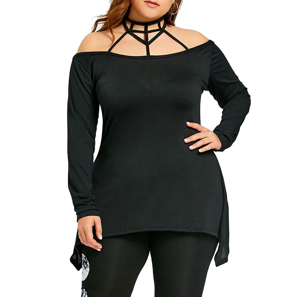 

Wipalo Plus Size Criss Cross Cold Shoulder Tunic Top Autumn Casual Long Sleeve Jersey T-Shirt Women Clothing Big Size 5XL