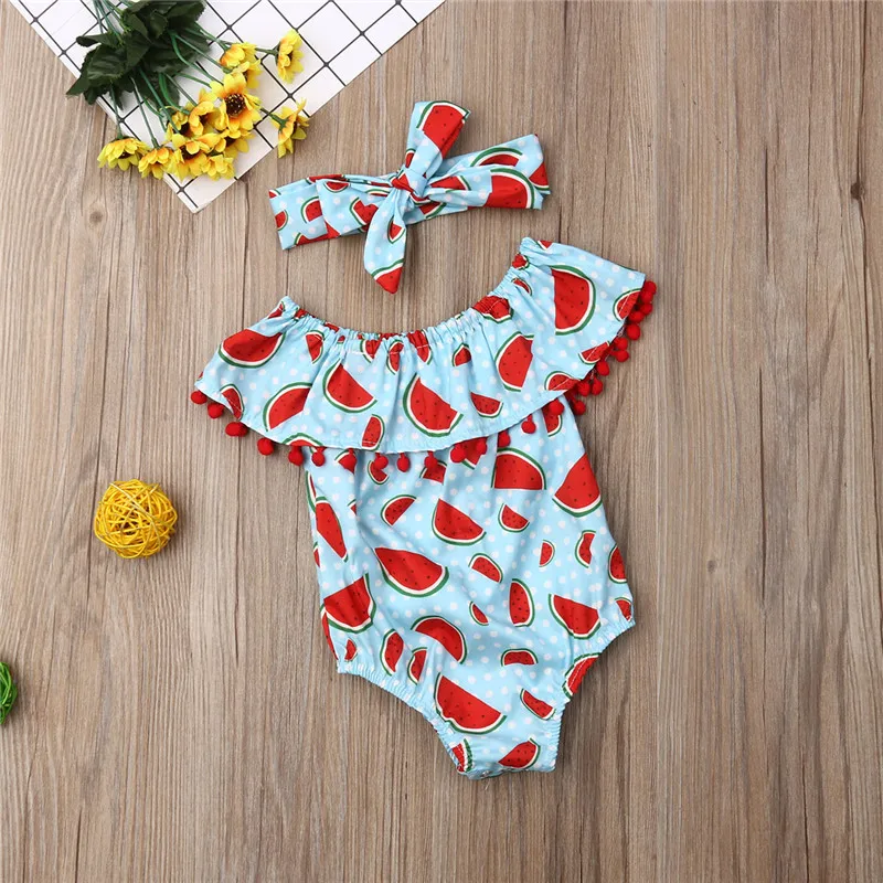 Summer Toddler Baby Girls clothes off shoulder Tassel Ruffle sleeveless Watermelon print Bodysuit Bow Headband 2pc cotton Outfit 
Summer Toddler Baby Girls clothes off shoulder Tassel Ruffle sleeveless Watermelon print Bodysuit Bow Headband 2pc cotton Outfit