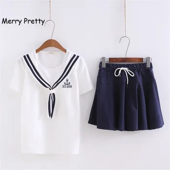 Merry Pretty Women 2 Piece Set Top and Skirt Woman Set Sweet Preppy Style Cotton Sailor T-shirt and Navy Blue Skirt Set Girl Set
Merry Pretty Women 2 Piece Set Top and Skirt Woman Set Sweet Preppy Style Cotton Sailor T-shirt and Navy Blue Skirt Set Girl Set