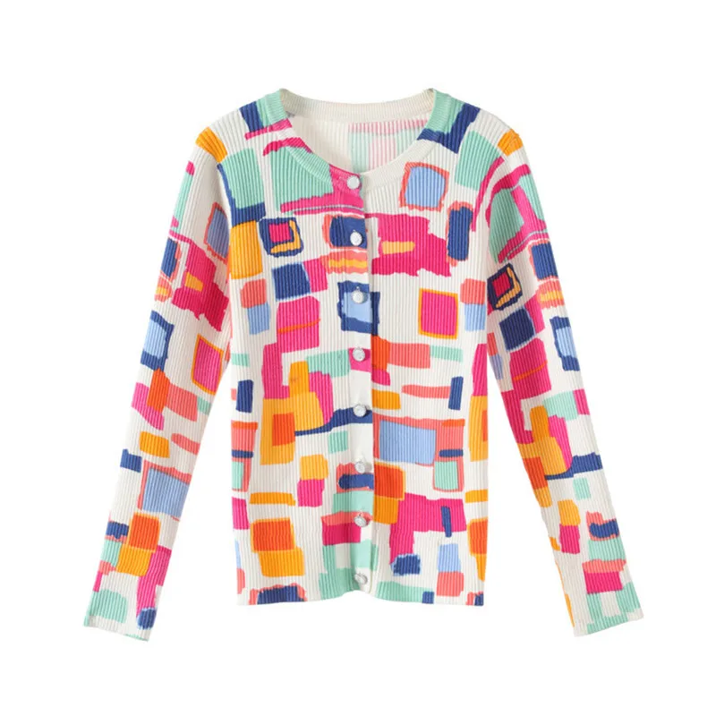 2019 Summer Single-breasted Round Collar Cultivate Show Thin Elasic Knitted Tops Geometric Pattern Printing Chic Women Clothes
2019 Summer Single-breasted Round Collar Cultivate Show Thin Elasic Knitted Tops Geometric Pattern Printing Chic Women Clothes