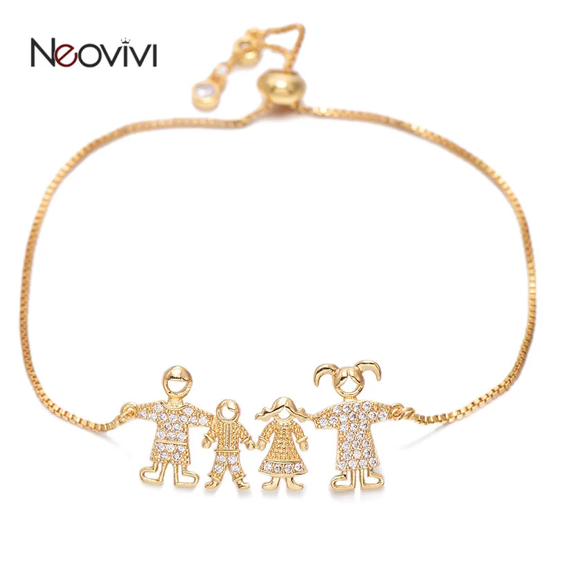 

Neovivi Sweet Family Bracelets Micro Pave White CZ Hollow Charm Copper Chain Adjustable Bracelet for Men Women Children Jewelry