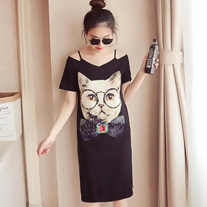 New Women Cartoon Cat Pattern Dress Summer Off Shoulder V neck Striped Cotton Dresses Fashion Dress For Female Women
New Women Cartoon Cat Pattern Dress Summer Off Shoulder V neck Striped Cotton Dresses Fashion Dress For Female Women