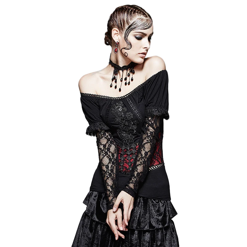 Gothic Black Lace O-Neck Long Sleeves Sexy Skinny Women T-Shirt Gothic Black And Red Two Wear T-Shirt With False Waist Belt
Gothic Black Lace O-Neck Long Sleeves Sexy Skinny Women T-Shirt Gothic Black And Red Two Wear T-Shirt With False Waist Belt