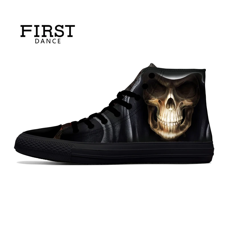 FIRST DANCE Punk Nice Skull Men Black Shoes Classic Canvas Men Casual Shoes Fashion High Top Shoes Men Printed Canvas Sneakers 16