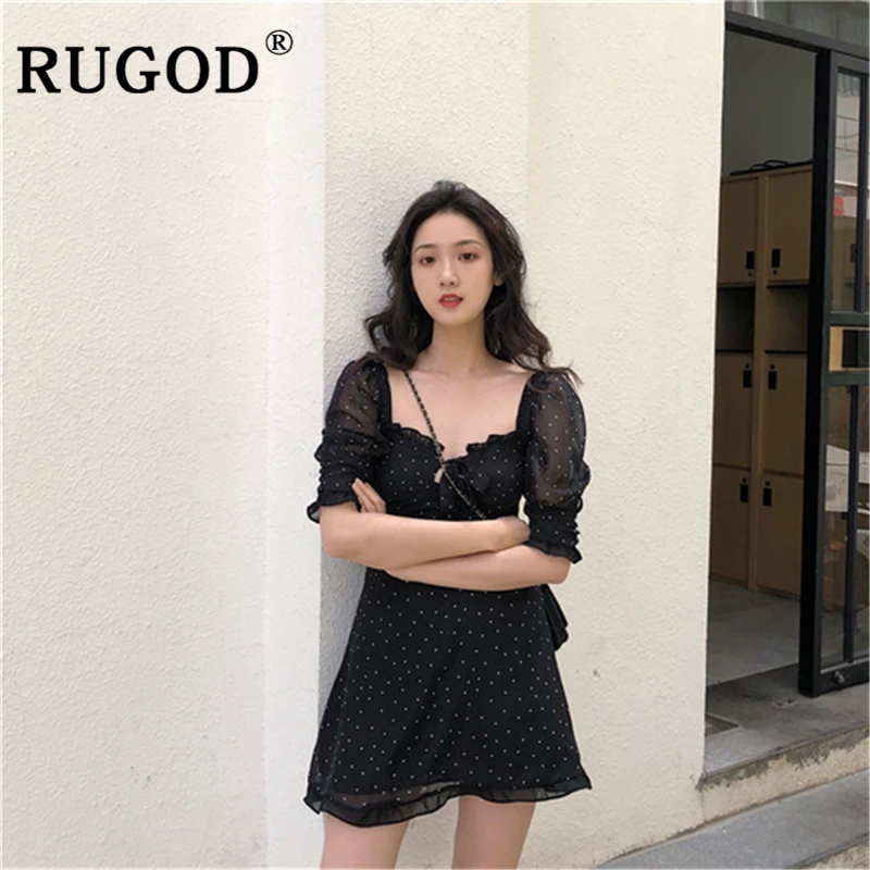 RUGOD Vintage sexy off shoulder mini dress for women Elegant ruffles dot printed chiffon dresses Korean lace up black dresses
RUGOD Vintage sexy off shoulder mini dress for women Elegant ruffles dot printed chiffon dresses Korean lace up black dresses