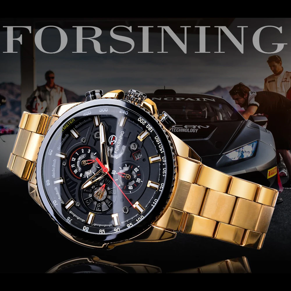 

FORSINING Men's Watch Clock Three Dials Stainless Steel Band Calendar Analog Watch Waterproof Automatic Mechanical Wrist Watch