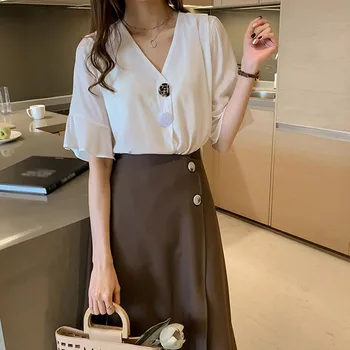 2019 spring Summer V-neck Shirts SOLID BOTTON Chiffon Blouses High Waist Short RUFFLE Sleeved Sexy Tank Tops KOREAN STYLE
2019 spring Summer V-neck Shirts SOLID BOTTON Chiffon Blouses High Waist Short RUFFLE Sleeved Sexy Tank Tops KOREAN STYLE