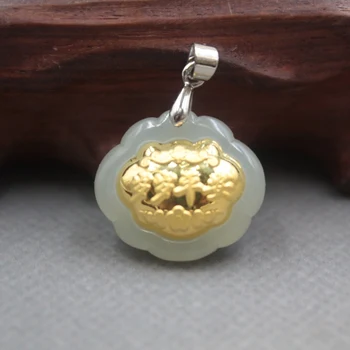 New Fine 24K Yellow Gold & Hetian Jade Pendant Women Men Blessing Lock Pendant 20x21mm 
New Fine 24K Yellow Gold & Hetian Jade Pendant Women Men Blessing Lock Pendant 20x21mm