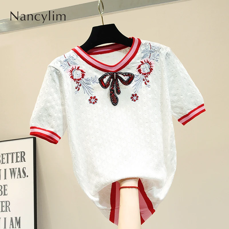 Summer Knitted Tshirt Women Temperament Embroidery Ice Silk Loose Thin Short Sleeve Knitting T-shirt Female Fashion Top Nancylim
Summer Knitted Tshirt Women Temperament Embroidery Ice Silk Loose Thin Short Sleeve Knitting T-shirt Female Fashion Top Nancylim