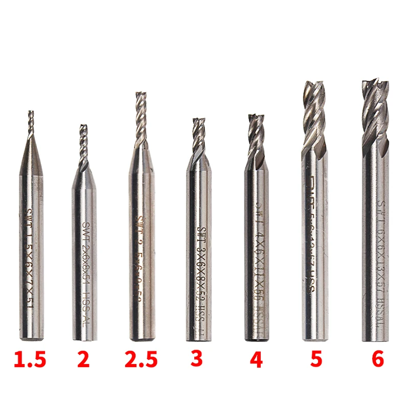 

7Pcs Drill Bits Carbide End Mill HSS 4 Flutes 1.5mm-6mm Diameter Router Bit Set Milling Cutter Straight Shank CNC Tools