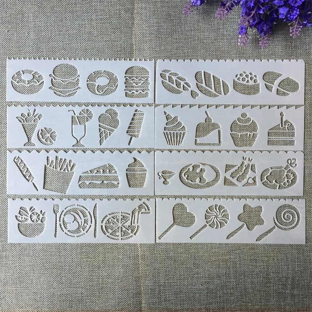 8Pcs New 18.5*5.5cm Food Cake DIY Layering Stencils Painting Scrapbook Coloring Embossing Album Decorative Template
8Pcs New 18.5*5.5cm Food Cake DIY Layering Stencils Painting Scrapbook Coloring Embossing Album Decorative Template