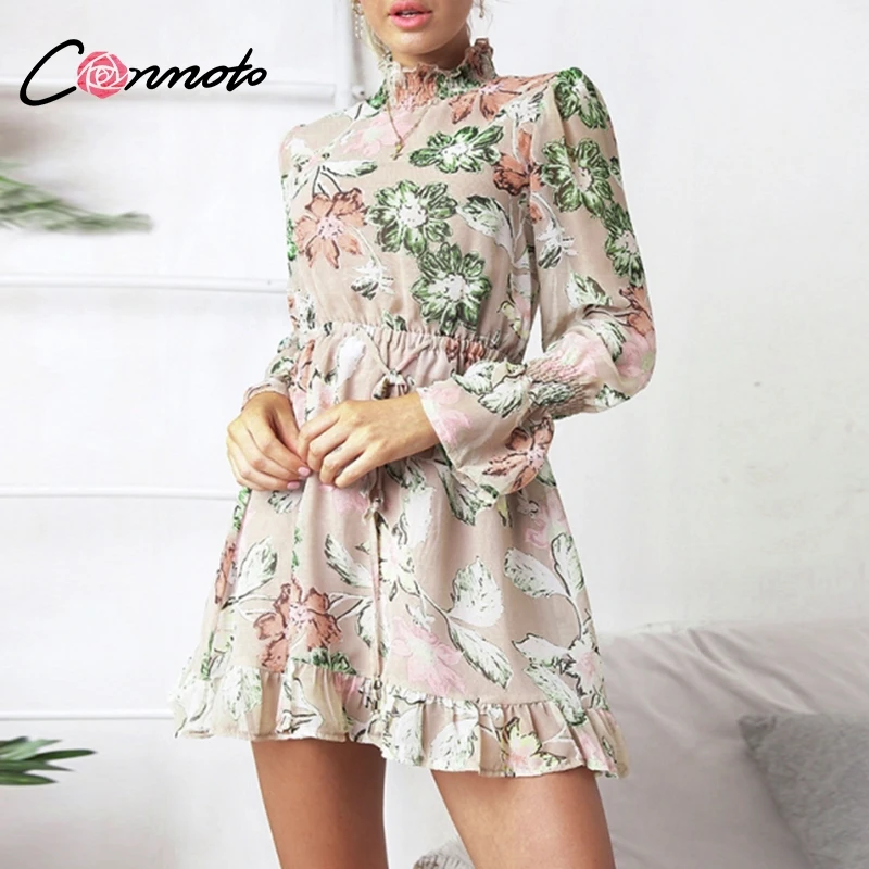 Conmoto Ruffle Boho Floral Print Dress Sexy Mesh Long Sleeve Mini 2018 Fall Streetwear Casual Short Vestidos | Женская одежда
