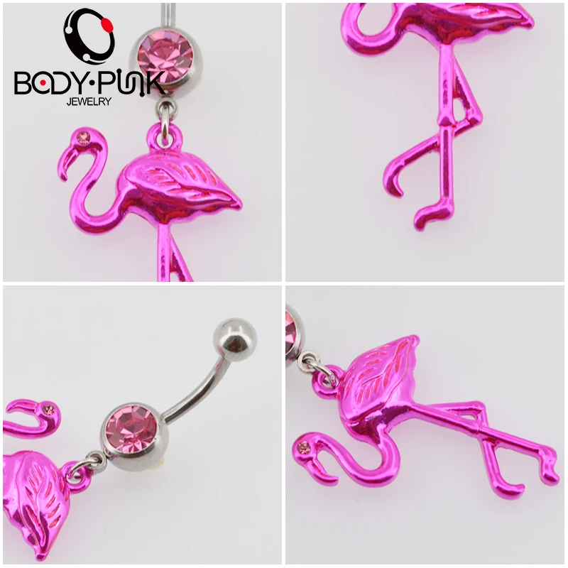 BODY PUNK Pink Flamingo Navel Ring 316L Surgical Steel Piercing Belly Button Rings Beautiful Navel Piercing Sex Body Jewelry (6)