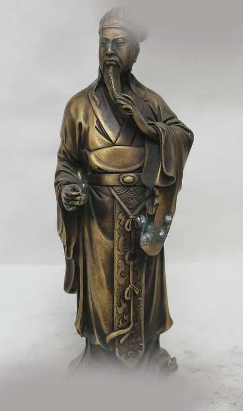 10" Chinese Folk Bronze Stand Zhuge Liang Kong Ming politician militarist Statue